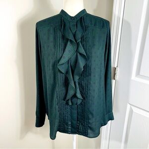 ANN TAYLOR Green w Blue & Burgundy Pattern Tux Ruffle Button Down Blouse - SMALL